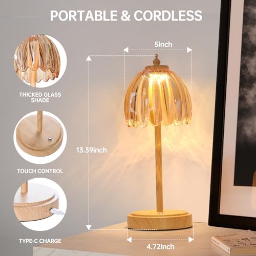 Shenmoyl Tulip Table Lamp with 5200mAh Battery & Touch Control, Small Cordless Table Lamp with 3 Colors, Rechargeable Battery Operated Table Lamps for Bedroom, Desk, Bedside (Amber-Beech Color)