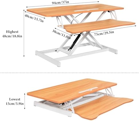 Standing Desk Converter 37 Inch – Height Adjustable Desk Riser with GasSpring Lift, Duals Screen Converter and Laptop Workstation, Sit Stand Ergonomic Riser with Wide Keyboard Tray for Offices (Wood)