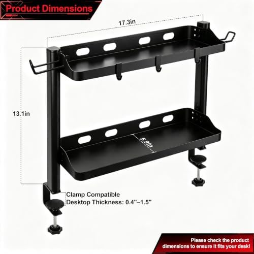 Clamp On Desk Shelf Organizer, 2-Tier Storage with Hooks