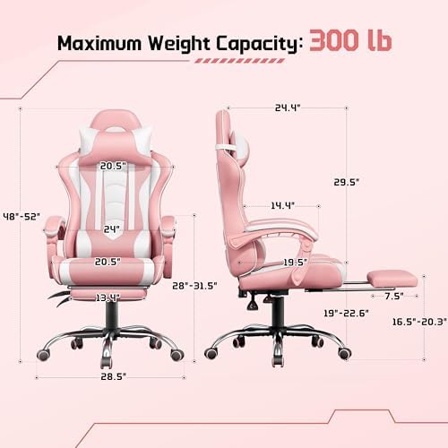 Yaheetech Gaming Chair with Footrest Massage Lumbar Pillow Pink and White