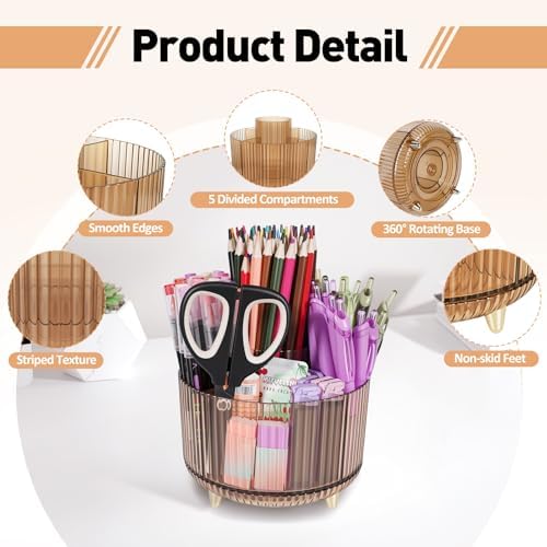 360 Rotating Pen Pencil Holder for Desk, Pen Organizer with 5 Slots