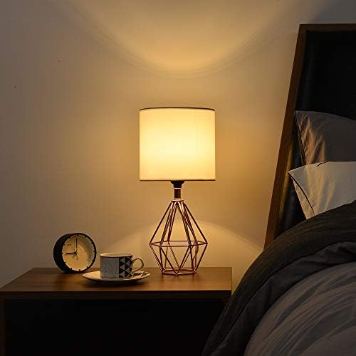 Rose Gold Bedside Table Lamp,Modern Small Desk Lamp with TC Fabric Shade Geometric Metal Base for Kids Living Room Bedroom Nightstand