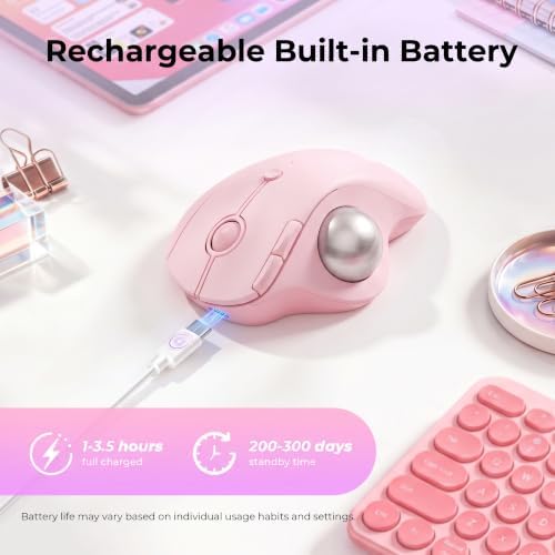 seenda Wireless Trackball Mouse, Ergonomic Bluetooth Rollerball,Rose Pink