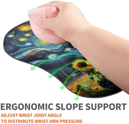 Ergonomic Joint Wrist Support Mouse Pad with Memory Foam Cushion Massage Bump, Carpal Tunnel Pain Relief Mousepad Slope Design for Wrist Rest, 11.8x7.9 in, Sunflower