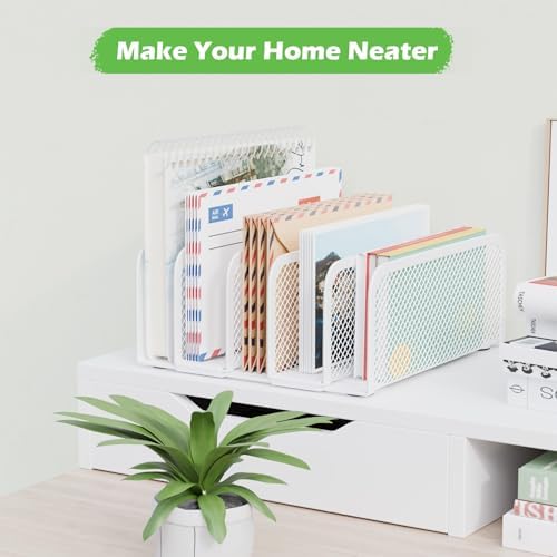 Mail Organizer Countertop, Metal File Holder with 5-Slot, Small Desk File Organizer for Letter, Bill, Mail Sorter, Desktop Letter Folder Holders for Office, Home, School (White)