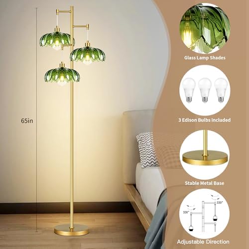 ZECOXOL Gold Floor Lamps for Living Room Bedroom-3 Light Glass Floor Lamp with Three Led Bulb,Mid Century Standing Lamp Vintage Brass Tall Lamp Tree Floor Lamp for Bedroom Corner