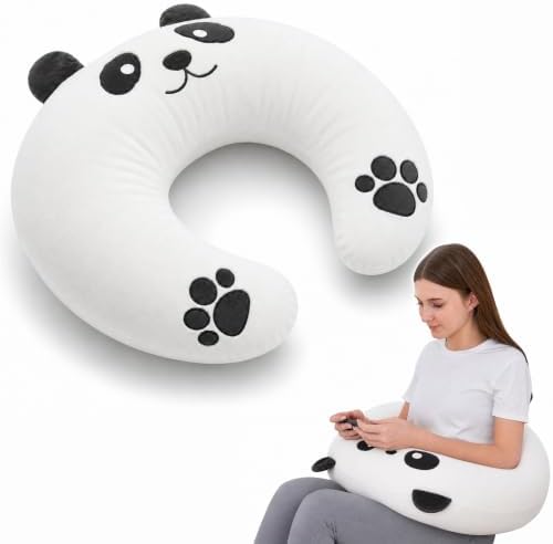 Lap Pillow, Cute Panda Crochet Pillow for Knitting, Crafting, Gaming, Reading and Phone Use on Bed, Sofa or Chair, U-Shaped Wrap Around Arm Support Cushion and Neck Pillow