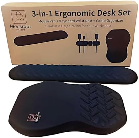 3-in-1 Ergonomic Mouse Pad Set with Keyboard Wrist Rest Support & Cable Organizer – Memory Foam for Carpal Tunnel & Pain Relief, Non-Slip Base – Ideal for Office & Gaming – Gift Box – Black-Meeshoo