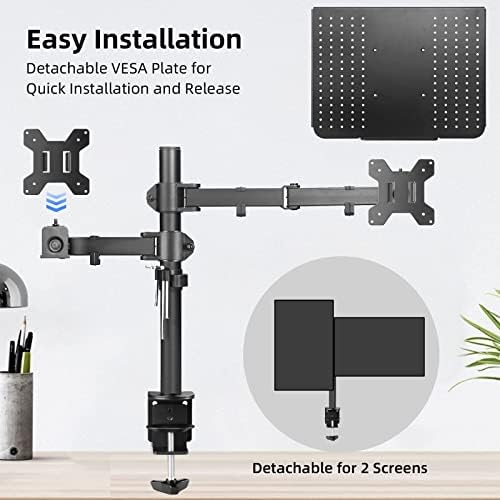 Suptek Monitor and Laptop Mount Holds 13-32 inch Computer Screen, Adjustable Monitor Arm Stand with Laptop Tray for 13-27 inch, Hold 22 lbs, with Clamp and Grommet Mounting Base