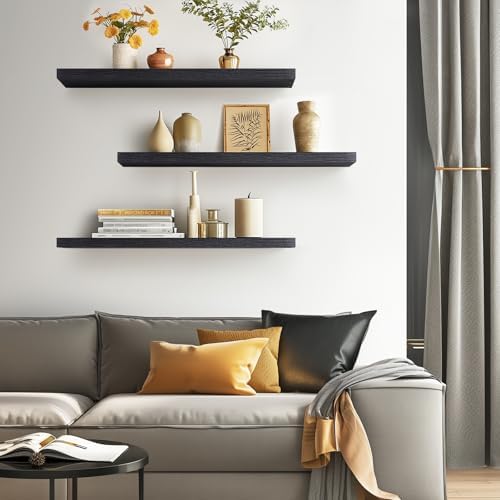 BAYKA Black Floating Shelves 35.4in, Set of 3, Wall Mounted for Wall Decor