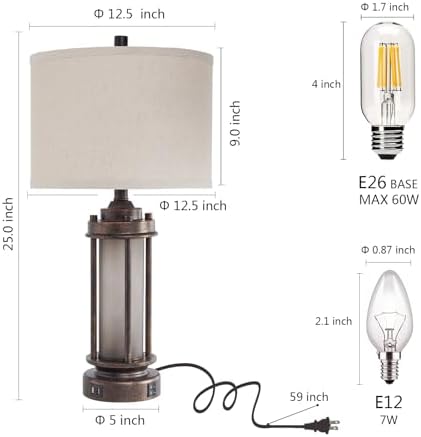 AIEAMPDO 25" Farmhouse Lamps for Living Room with 2 USB C+A Ports
