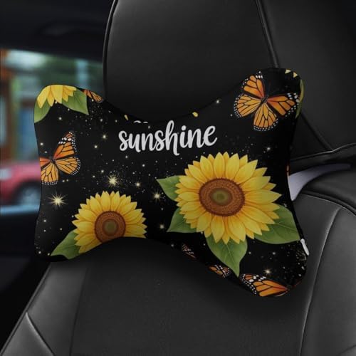 2 Pcs Car Neck Pillow Monarch Butterfly Sunflower Breathable Removable Cover Headrest for Driving Office Rest