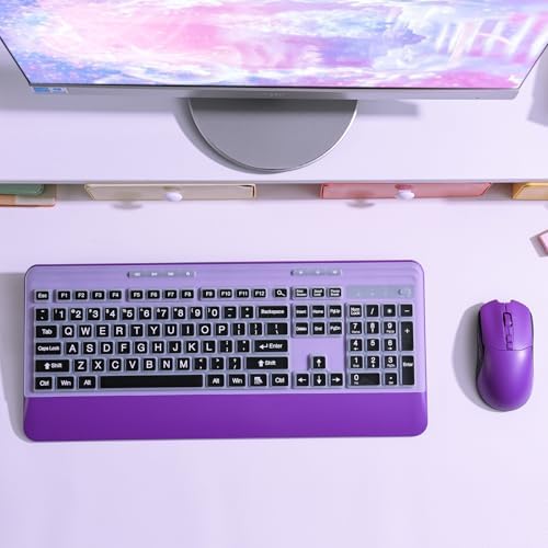 KOPJIPPOM Silent Wireless Keyboard and Mouse Combo - Keyboard with Large Print Cover, 2.4GHz Full-Sized Ergonomic Keyboard with Wrist Rest and Mouse for Laptop, PC, Notebook, Desktop