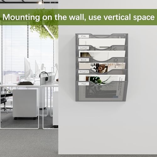 EasyPAG Wall File Organizer 5 Tier Hanging Paper Folder Holder, Zero Assembly Metal Mesh Wall Mounted Mail Organizer for Office Home Classroom Narrow Spaces, Silver