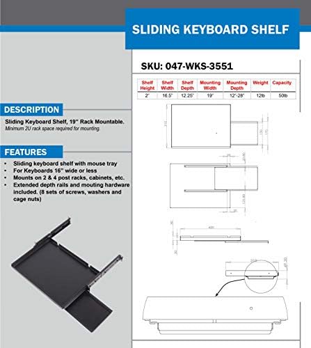 Vertical Cable Sliding Keyboard Shelf for 16" Keyboards - 19" Rack-Mountable - 2U Rack Space