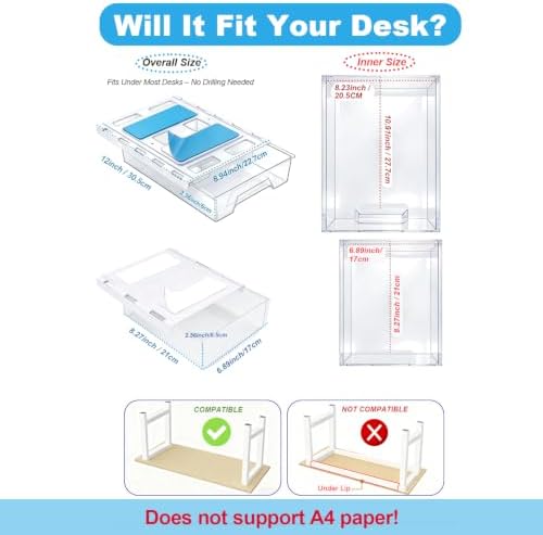 2 Pack 10.91"x 8.23" Under Desk Drawer Storage Organizer, Durable PC Material Self-Adhesive with Slide Out Rail, Hidden Hanging Desk Drawer for Office Supplies, Stationery, No Drilling Install, Clear