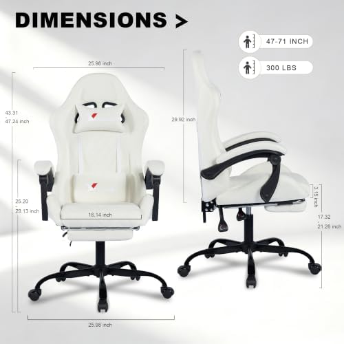 Fabric Gaming Chair for Adults, Ergonomic Computer Office Desk Chair with Footrest,Pocket Spring Cushion, Reclining High Back Silla Gamer for Home Office, White