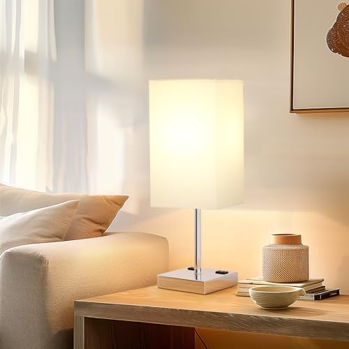 17.4" White Touch Table Lamp for Bedroom - Dimmable, USB C+A, 2 AC Outlets