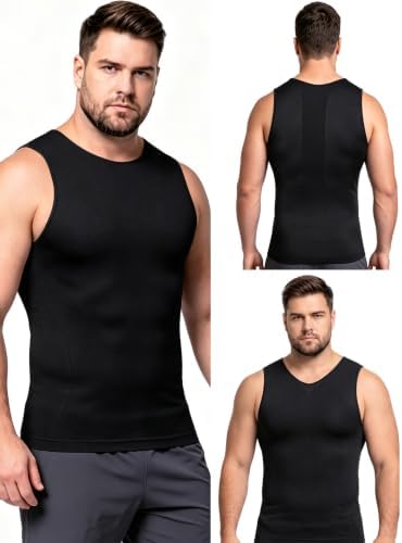 Odoland 3 Pack Men Compression Shirt Slimming Body Shaper Workout Vest
