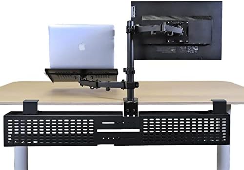 AEONS Monitor and Laptop Desk Mount Combo Stand with Notebook Tray fits 17 inch, 2-in-1 Adjustable Dual Arm Mount fits up to 32 inch LCD Screen with VESA, Clamp and Cable Management, Black