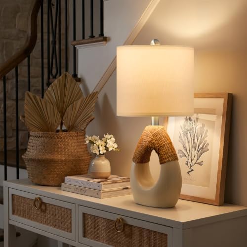 OYEARS 19'' Boho Small Table Lamps Set of 2 for Bedroom, Farmhouse Bedside Lamps with Rattan Rope for Living Room, Nightstand Lamps for Side End Table Sofa Entryway Home Decor, White and Beige