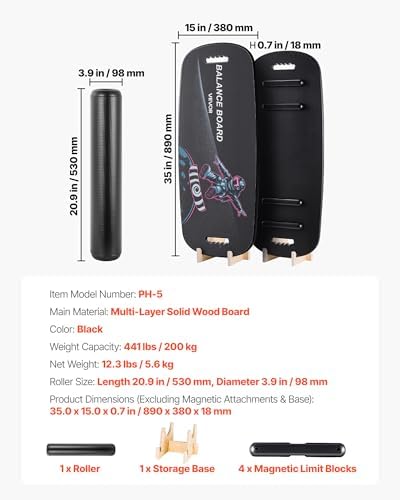 VEVOR Balance Board, 2-in-1 Wobble Board Trainer for Adults, Premium Wooden Balance Training Equipment, with Roller, Magnetic Stoppers, Storage Rack, for Core Workouts, Surf Trainer & Physical Therapy