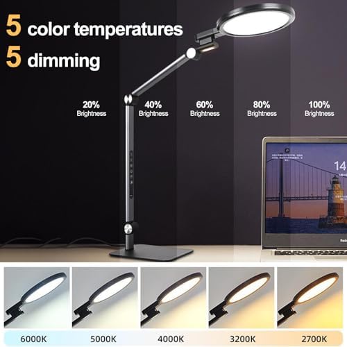LED Desk Lamp for Home Office with Full Spectrums Eye Care, 5 Color Color 5 Brightness, 4-Axis Flexible Rotation, Dual Output Charging, Memory & Timer Func, Desk Lamps with Small Night Light