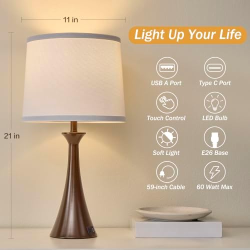Touch Table Lamps Set of 2, 21" Bedside Lamps with USB C+A, Brown
