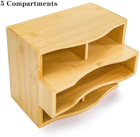 DEAYOU Bamboo Rotating Remote Caddy, 360 Degree Spinning Remote Control Holder, 5 Compartment Revolving Nightstand Bedside Table Organizer for Controller, Pen, Phone, Mail, Calculator, Office