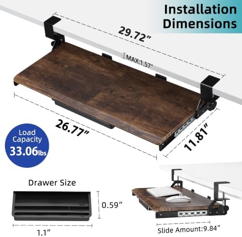 ETHU Keyboard Tray Under Desk with Metal Rail, 26.8x12.2", Walnut