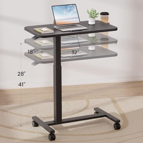GTPLAYER Small Standing Desk with Lockable Wheels, Pneumatic Mobile Rolling Laptop Desk,Adjustable Height Overbed Bedside Table Computer Workstation for Home Office (32" W x 18" D, Black)