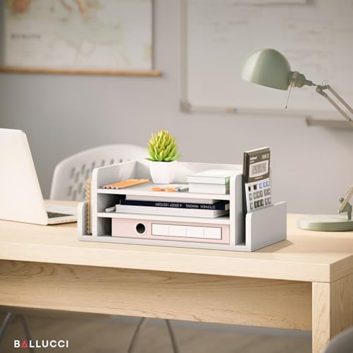 Ballucci 3-Tier Desk Organizer with 2 Side Mail Sorter Slots, Wood Letter Tray, Open Top Paper Organizer, Desktop File Organizer, White