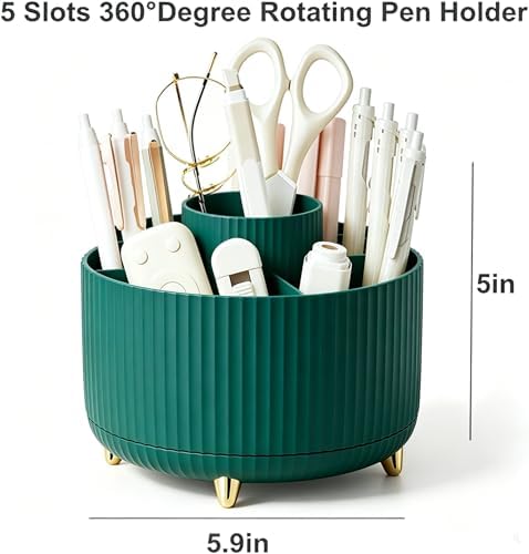 Pencil Pen Holder 5 Slots 360°Degree Rotating Pen Organizers for Desk Desktop Storage Stationery Supplies Cute Pencil Cup Pot Kids Desk Organizer for Office Home School（Green）