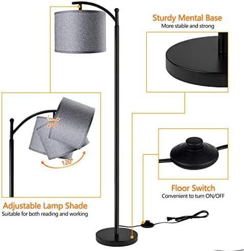 ROTTOGOON Floor Lamp with 3CCT LED Bulb, Gray Linen Lamp Shade for Living Room, Modern Standing Lamp for Bedrooms - Black