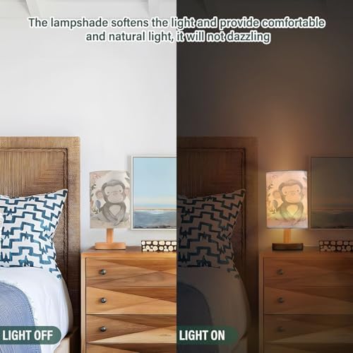 Bedside Lamp Monkey Pink Flower Table Lamp for Bedroom LED Nightstand Lamp Shade USB Ports Wood Base for Living Room Dorm Office