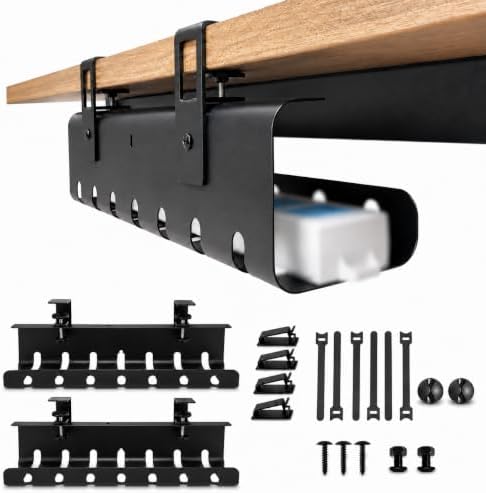 Under Desk Cable Management Tray 2 Pack, Premium Steel Cable Organizer, Clamp or Screw Mount Installation, No Drill Clamp Option, Cord Management System for Home Office Desks, Black