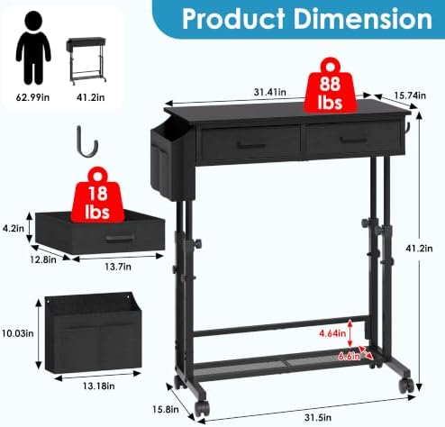Small Standing Desk with Storage, Height Adjustable Sit Stand Desk with Drawers, Mobile Office Desk with Wheels and Side Pocket, Adjustable Laptop Workstation for Home Office