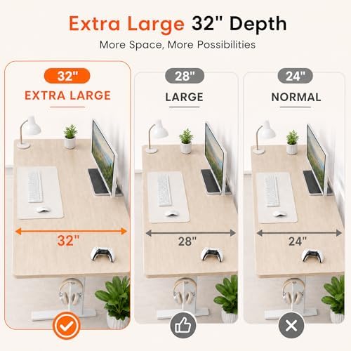 Grandder 55x32 Large Electric Standing Desk, Height Adjustable Computer Desk with 2 Memory Presets, 31.5" Deep Desktop Sit Stand Desk Home Office Desk Workstation Table with Hooks, Light Walnut