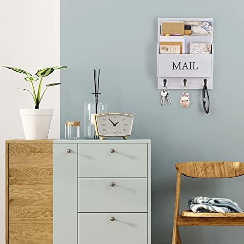 DLQuarts Solid Wood Mail Organizer with Key Holder for Wall, Mail Sorter Wall Mounted, Decorative Wooden Key and Mail Holder with 3 Hooks, Soft White