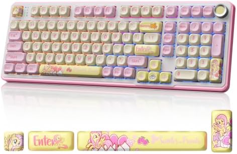 My Little Pony Fluttershy Wireless Mechanical Keyboard, [Official Hasbro Licensed] 101 Keys RGB Gaming Keyboard with Custom Linear Switches & Knob Control, 3-Mode (BT/2.4G/USB-C), Gift for MLP Fans