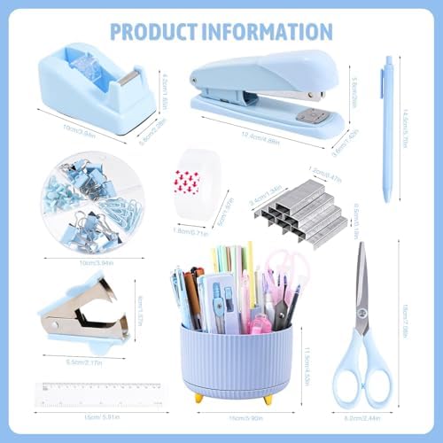Gawsey Blue Desk Organizers and Accessories with Desk Organizer 360° Rotating Pen Holder and Office Supplies, Cute Stationery Supplies Set