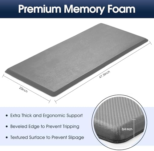 Kitchen Mat Cushioned Anti Fatigue, 0.75" Waterproof,Non Slip Kitchen Rugs, Memory Foam Comfort Mat for Standing at Home,Office,Sink,Laundry(20"x47.2" Grey)