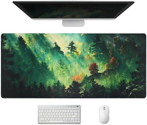 Extended Mystic Forest Desk Mat, XXL Large Gaming Mouse Pad, Green Landscape Stitched Edges Waterproof with Non-Slip Rubber Base for Computer Keyboard Laptop Work Home Office 35.4"x15.7"