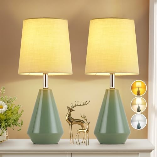 Small Bedside Table Lamp for Bedroom-Reading Desk Lamp Set of 2,with 3 Color Temperatures,15.5" Nightstand Ceramic Lamp with Fabric Shade for Kids Room,Living Room,Dorm,Home Office (Green)