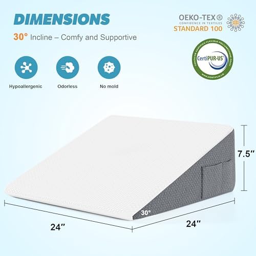 Yojoker Wedge Pillow for Sleeping - Bed Wedge Pillow for Headboard, High Density Foam Triangle Pillow for Elevated Sleeping, Snoring, Post Surgery Support, Back & Leg Elevation, White Grey, 7.5 Inch