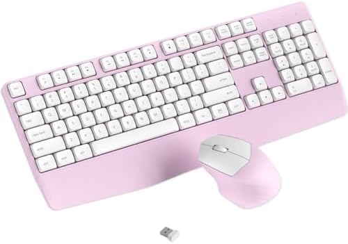 Ergonomic Wireless Keyboard and Mouse Combo with Wrist Rest (White Pink)