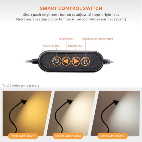 LED Clip Light 3 Color Dimmable Clip Desk Lamp Black