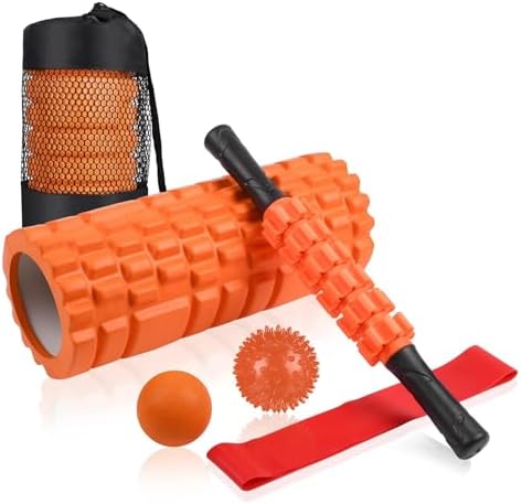 Aucuu 6 in 1 Foam Roller Set Includes Hollow Core Massage Roller, Yoga Stick, Massage Ball, Fitness Stretching Strap, Carrying Bag, Towel, Massage Roller (Orange)