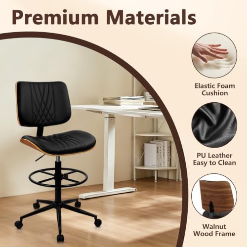 CLATINA Drafting Chair for Standing Desk, PU Leather Armless Tall Office Chairs with Adjustable Footrest Ring, Extended Height Ergonomic High Swivel Computer Chair with Bend Wood Backrest, Black, 8PK
