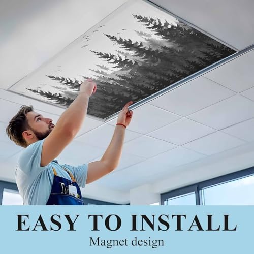 Forest Magnetic Fluorescent Light Covers for Ceiling Lights 2 x 4 Feet, Rustic Grey Foggy Pine Tree Anmal Birds Office Classroom Kitchen Drop Ceiling Light Covers Lighting Filters Shade Panel 3 Packs